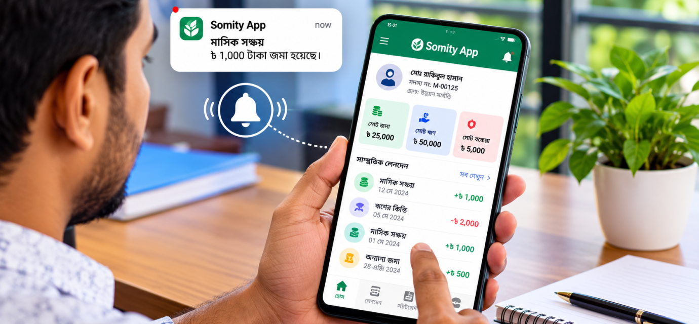 সদস্য মোবাইল ফোনে সমিতির অ্যাপের লেনদেনের নোটিফিকেশন ও হিসাব পরীক্ষা করছেন