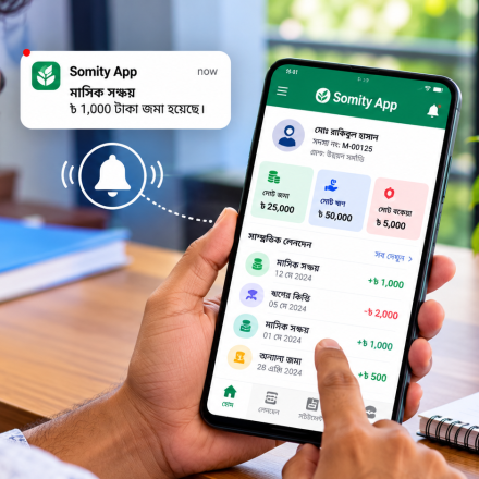সদস্য মোবাইল ফোনে সমিতির অ্যাপের লেনদেনের নোটিফিকেশন ও হিসাব পরীক্ষা করছেন