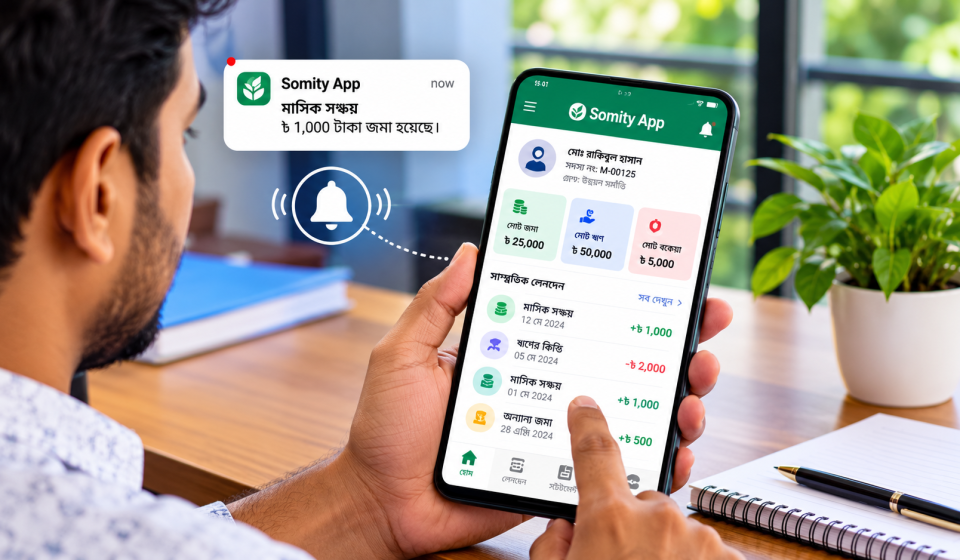 সদস্য মোবাইল ফোনে সমিতির অ্যাপের লেনদেনের নোটিফিকেশন ও হিসাব পরীক্ষা করছেন